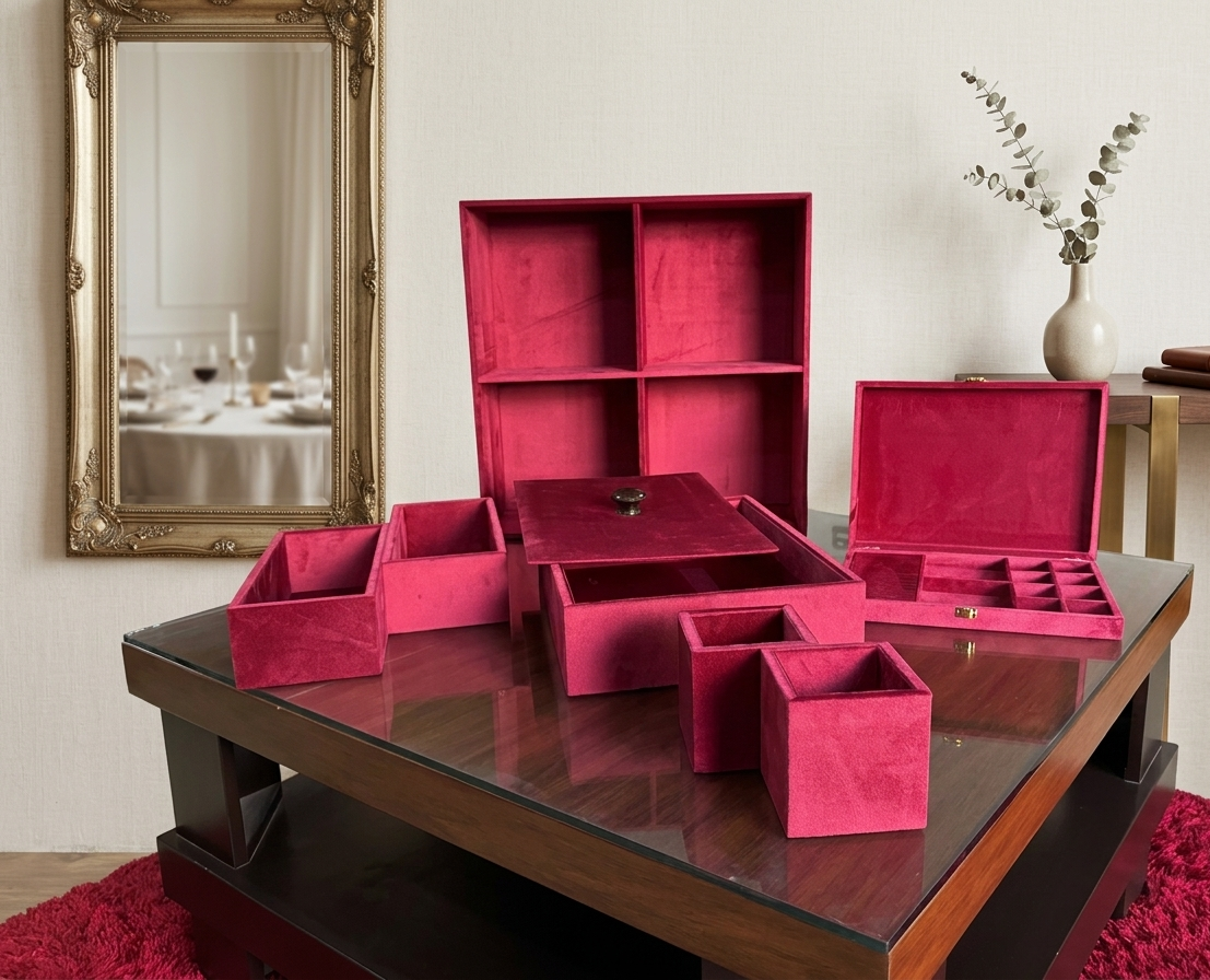 Luxury Velvet Wedding Storage Box Set – Deep Red
